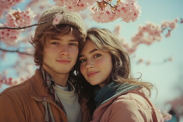 Couple posing for a picture under a cherry tree