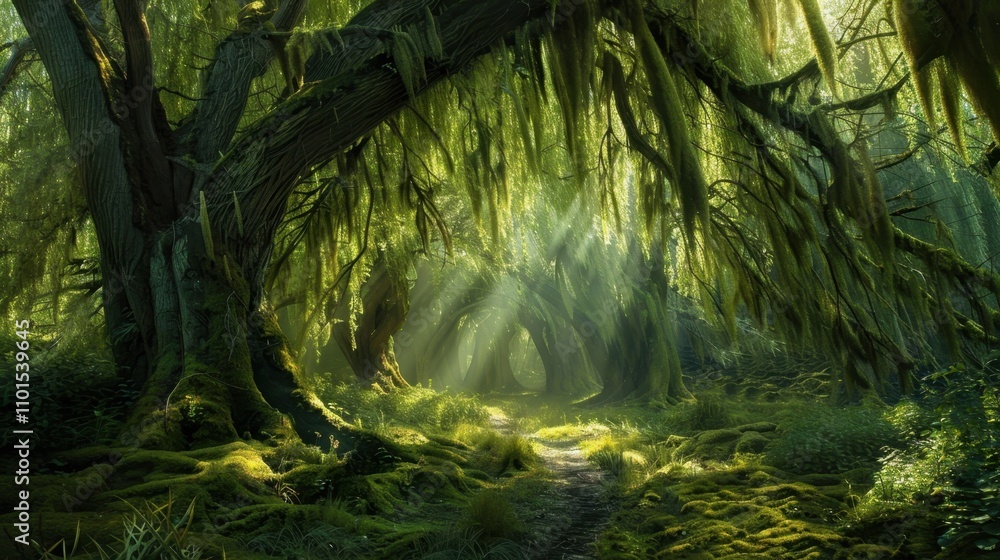 Aufkleber sunlight filters through the leaves of a giant weeping willow casting dappled shadows on the mossy w