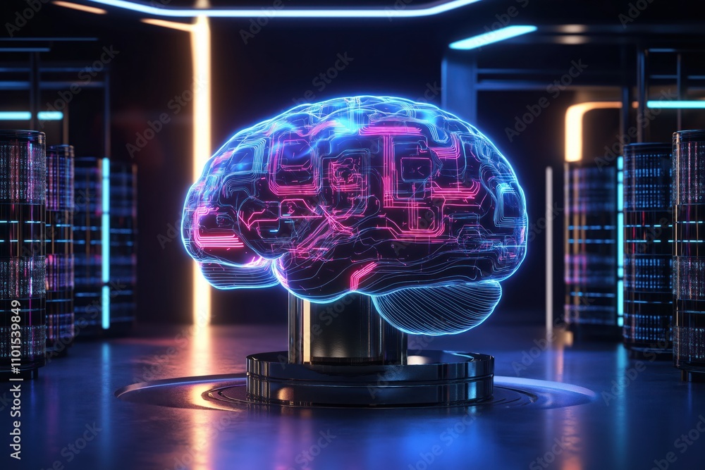 Poster futuristic digital brain model glows neon light. advanced neural tech system. artificial intelligenc