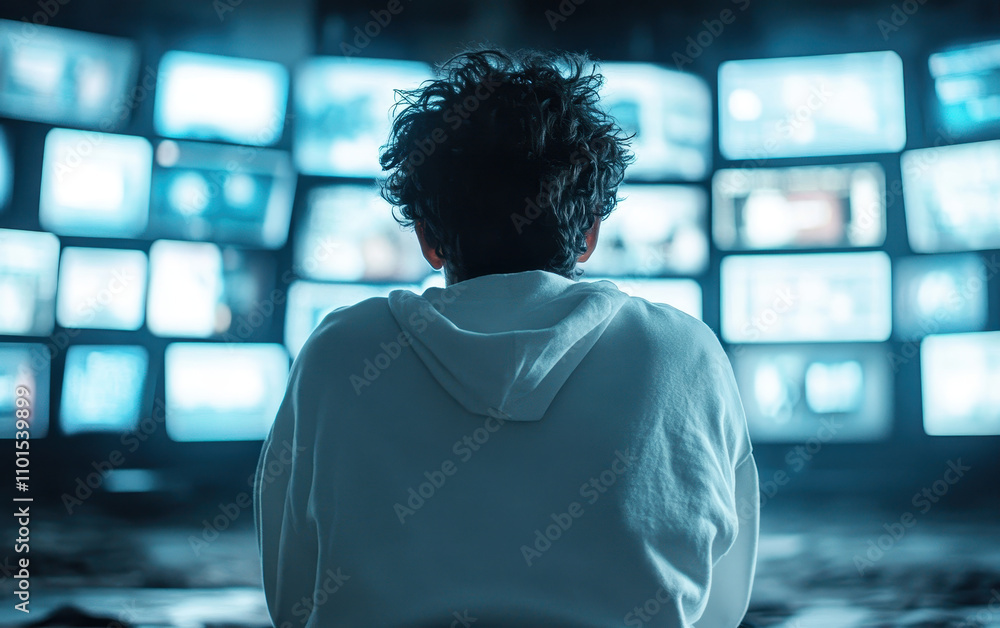 Poster person sits in dimly lit room, surrounded by multiple screens displaying various images. atmosphere 