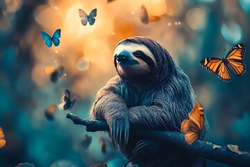 A serene sloth rests on a branch, surrounded by colorful butterflies in a warm, sunlit jungle setting.