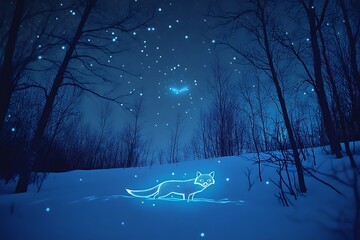 A glowing fox walks through a snowy forest under a starry night sky.