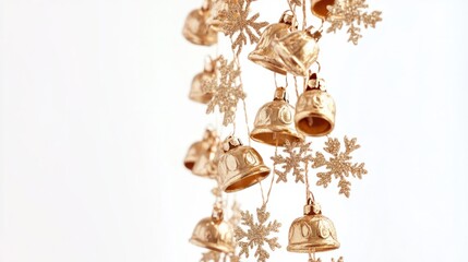 Elegant vertical strand of golden bells and snowflake ornaments, perfect for holiday decor, on white