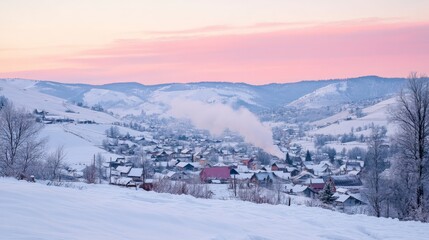 Serene Winter Landscape with Snow-Covered Village and Smoky Chimneys Under a Colorful Sunset Sky in the Mountains of a Peaceful Rural Environment