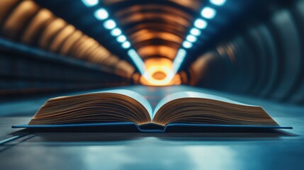 Open book lying on a surface in a futuristic tunnel, with glowing lights creating an atmosphere of curiosity and exploration for readers and knowledge seekers alike.