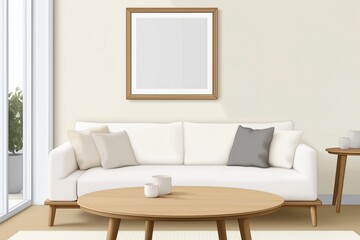 Empty modern living room interior design. White sofa, round wooden coffee table. Light beige wall with blank poster frame. Interior, Scandinavian style, minimalist home decor. Cozy living area with