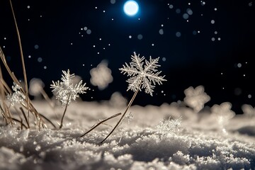 Magnificent winter night scene with large detailed snowflakes glistening under the moonlight.