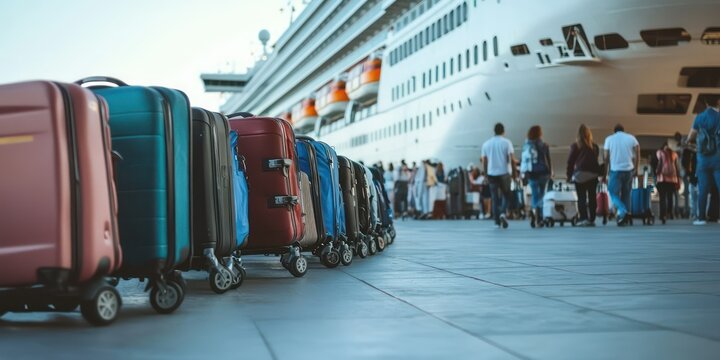 Passengers boarding a large cruise ship at a busy terminal, with luggage carts nearby.
