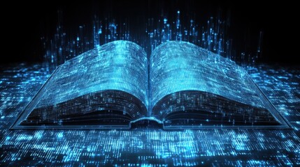 Open Digital Book with Glowing Blue Data Streams Representing Information Technology and Modern Knowledge in a Futuristic Environment