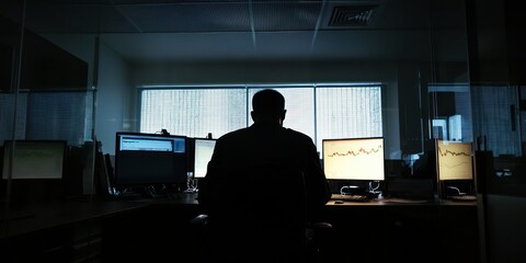 Person analyzing market data on a trading terminal in a dimly lit office.