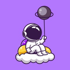 Astronaut Sitting On Cloud With Planet Balloon Cartoon Vector Icon Illustration. Science Technology Icon Concept Isolated Premium Vector. Flat Cartoon Style