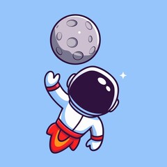 Cute Astronaut Catching Moon Cartoon Vector Icon Illustration. Science Technology Icon Concept Isolated Premium Vector. Flat Cartoon Style