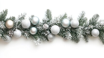 Festive vertical garland featuring frosted pine branches and shimmering baubles, isolated on white