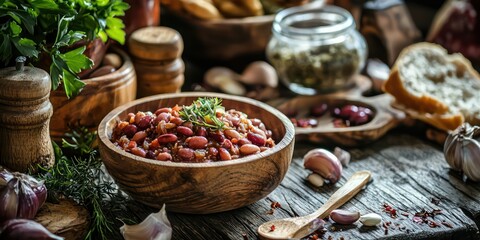Fototapeta premium Red beans in a wooden bowl on a rustic table, surrounded by other ingredients.