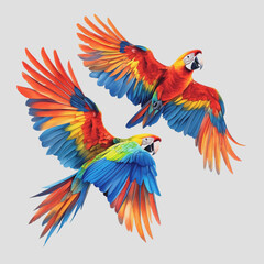 Fototapeta premium Stunning Macaws in Flight on a White Background - Isolated Vector Illustration Showcasing Vibrant Colors and Magnificent Wingspan