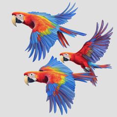 Obraz premium Vibrant Macaws in Flight: Vivid Tropical Birds Soaring Against a Clean White Background for Use in Design and Decoration