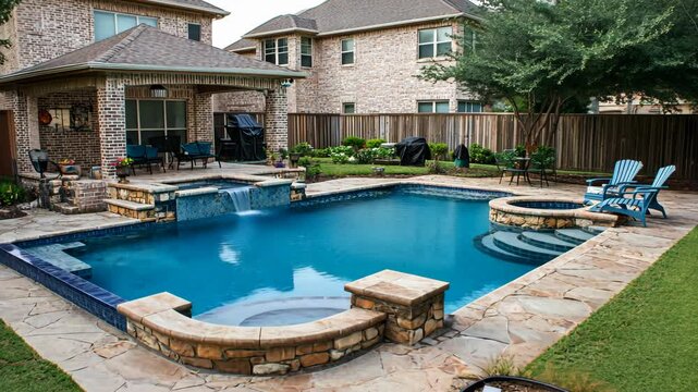 Backyard pool area features elegant landscaping and seating in a suburban home setting