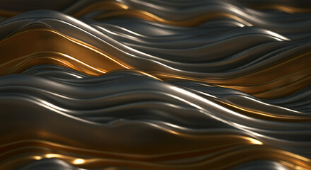 Abstract 3D Render: Luxurious Gold and Silver Metallic Waves, Fluid Texture Background