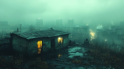 A foggy urban landscape with a dilapidated house and distant buildings illuminated at night.