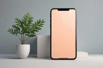 a close up of a phone on a table next to a plant