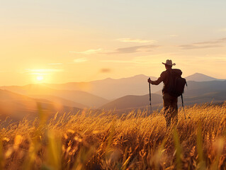 Silhouette traveller and explorer is hiking the hill. enjoying the sunset scenery. summer background. 