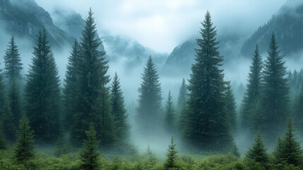 A misty forest landscape with towering trees and mountains in the background.