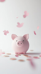 Cute piggy bank in pastel pink color with floating coins on light background, copy space, saving concept. Generative AI