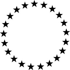 Stars of various sizes arranged in a circle. Round frame, border. Black star shape, simple symbol.  Black star shape, circular frame image