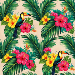 Tropical Nature Pattern Featuring Toucans and Vibrant Hibiscus Flowers, Showcasing Lush Greenery and Exotic Flora