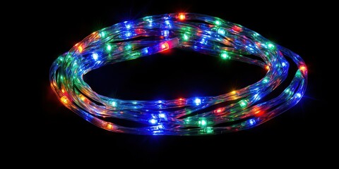 String of multicolored Christmas lights glowing softly in a dark room, coiled neatly and ready for decorating.