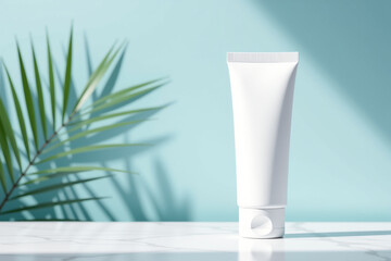White tube cosmetic cream isolated on light blue blank background.