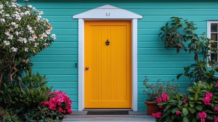 Bright yellow door with white trim surrounded by a turquoise wall and blooming flowers. A cheerful and colorful exterior design perfect for modern homes. 