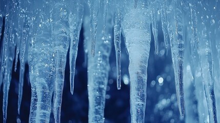 Stunning Close-Up of Icicles Hanging from a Roof with a Glimmering Blue Ice Background Reflecting Natural Light in a Winter Wonderland Scene