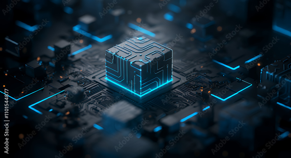 Poster futuristic technology: glowing cube on advanced circuit board - abstract 3d render