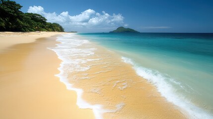 A serene beach scene with golden sand and calm turquoise waters under a clear blue sky.