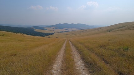 A serene dirt path winding through golden grasslands towards distant hills under a blue sky.
