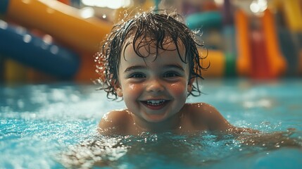 Close-up of a smiling child playing in a vibrant water park with inflatable slides and colorful structures in the background. Fun and joyful summer scene. 