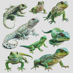 Naklejka premium Collection of Tropical Reptiles Isolated on White Background Featuring Various Lizard Species in Vector Art Style for Nature and Wildlife Illustrations