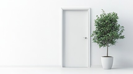 Minimalist scene featuring a white door with a potted plant on a clean white wall. Simple, modern design with natural and neutral aesthetics. 