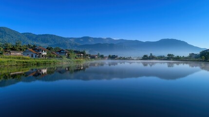 Calm Lake Reflecting Mountains And Houses At Dawn