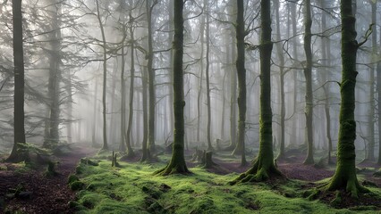 Obraz premium Misty morning over the ancient woodlands of the ardennes in belgium, Ai Generated