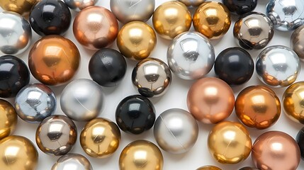 Metallic spheres scattered on white background.