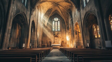Obraz premium Sunlight Streams Through Ancient Church Interior
