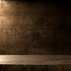 Rustic stone wall and shelf with dramatic lighting for product display.