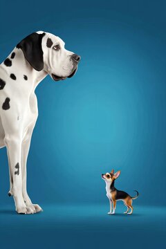 Giant great dane meets tiny chihuahua against blue background