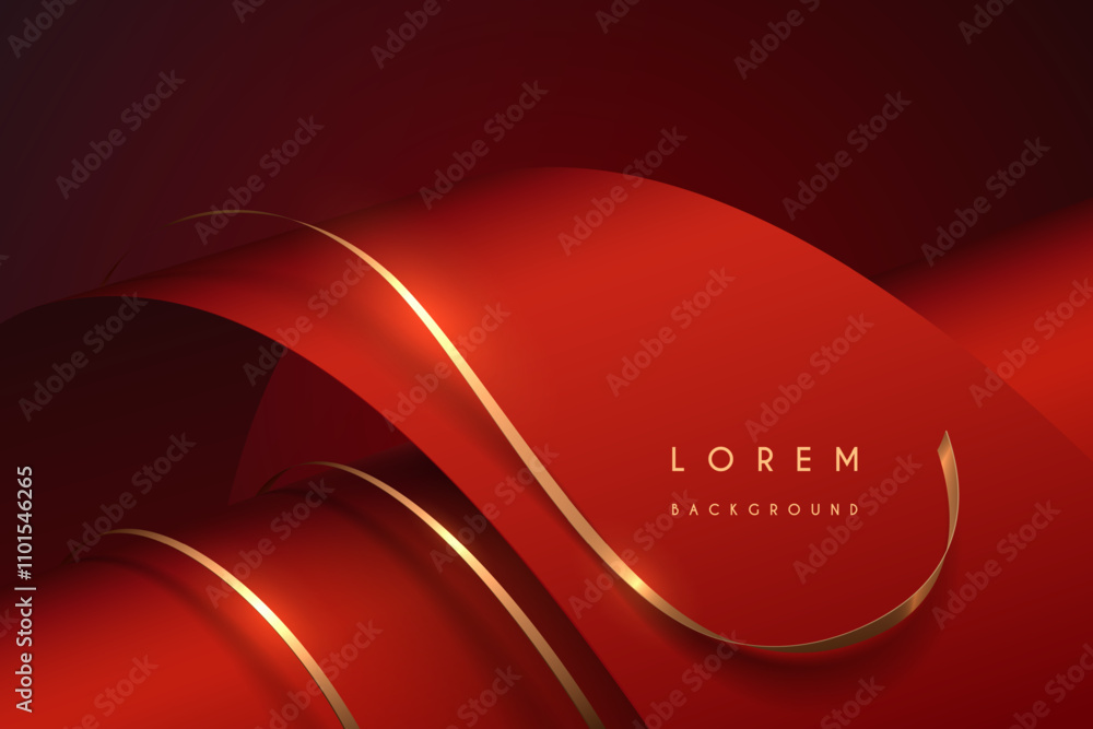 Wall mural abstract red waved shapes with golden ribbons