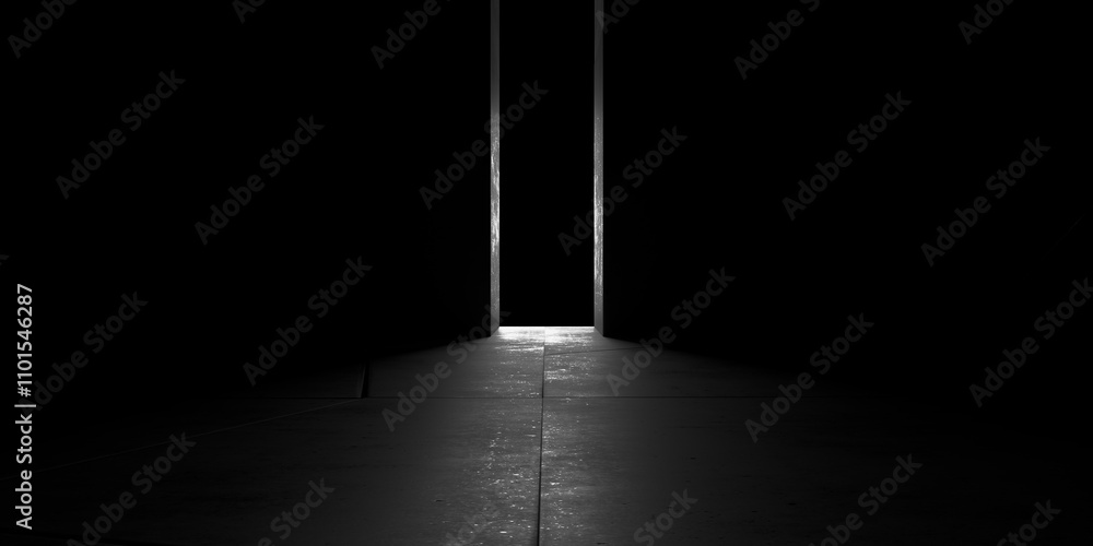 Poster light shines through the door in the dark. 3d rendering.