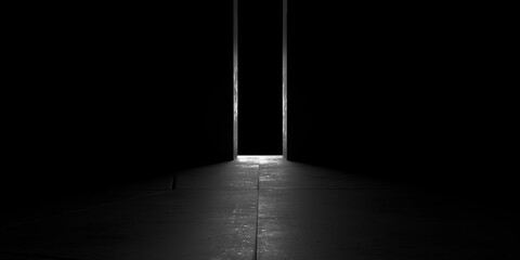 Light shines through the door in the dark. 3d rendering.