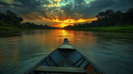 A serene sunset view from a boat on a tranquil river, surrounded by lush greenery.
