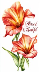 A vibrant illustration of two orange flowers with the text "Blessed & Thankful."